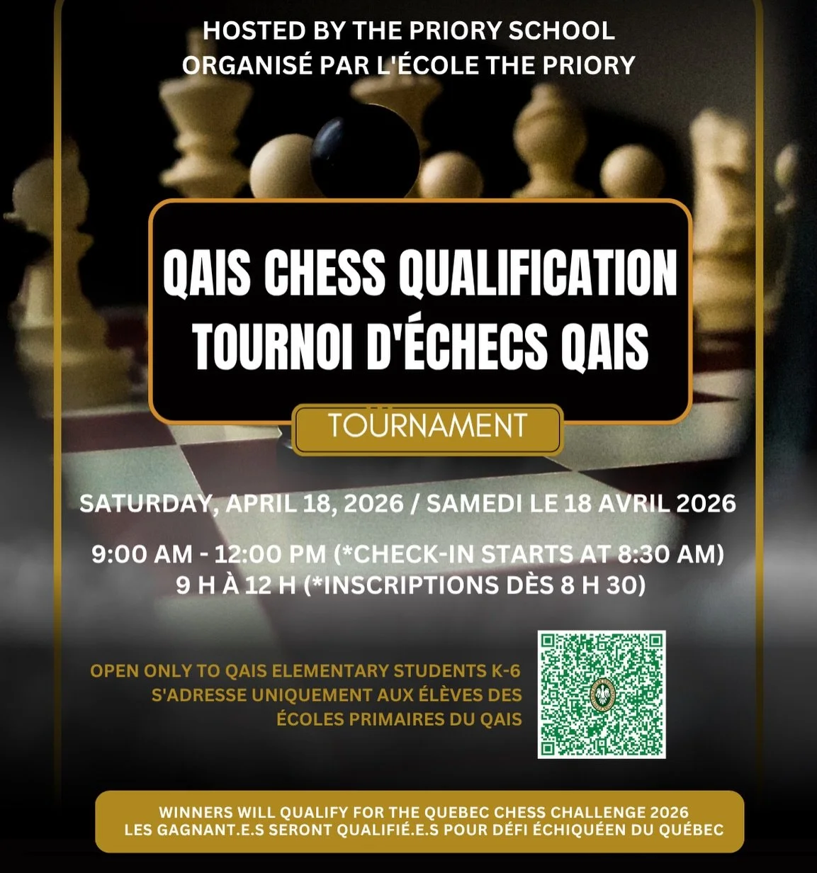 Calling chess enthusiasts! The Priory is proud to host its 28th Annual QAIS Qualification Chess Tournament on Saturday, April 18! ♟️We look forward to welcoming QAIS elementary students from K&ndash;6 for a morning of focus and friendly competition. 
