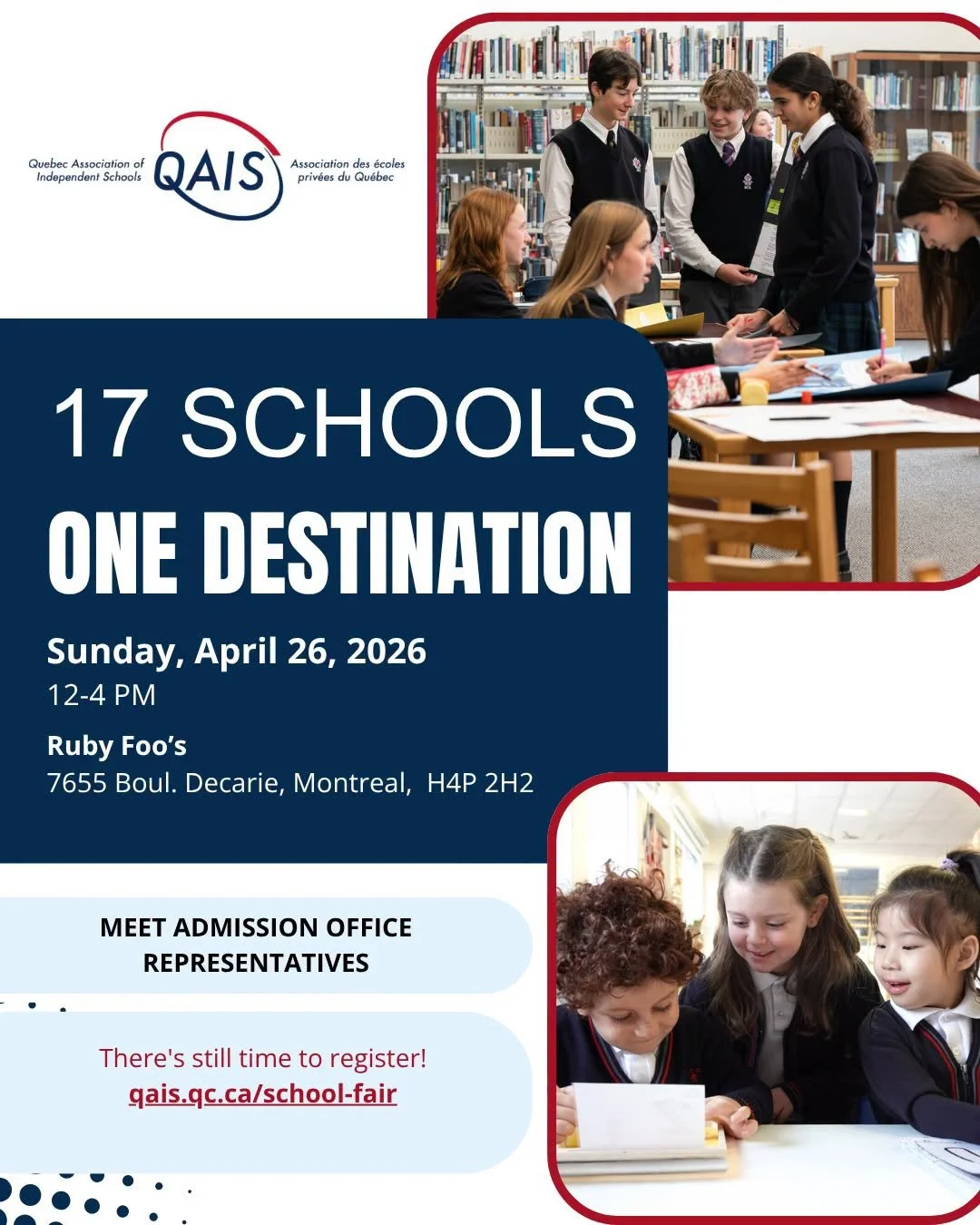 There is still time to register!
17 Schools. One Destination.

Come join us at the QAIS School Expo, which is taking place : Sunday, April 26, from 12-4 pm at Ruby Foo&rsquo;s Hotel. 

It is a great opportunity for families to meet school representat