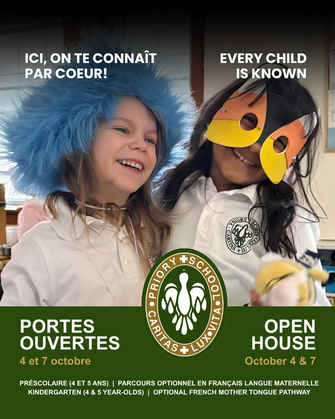 At The Priory, learning begins with truly knowing each child.

Join us for our Open House: October 4&amp;7
-Kindergarten (4 &amp; 5 year-olds)
-Optional French Mother Tongue Pathway
-No certificate of English eligibility required

Ici, on te conna&ic
