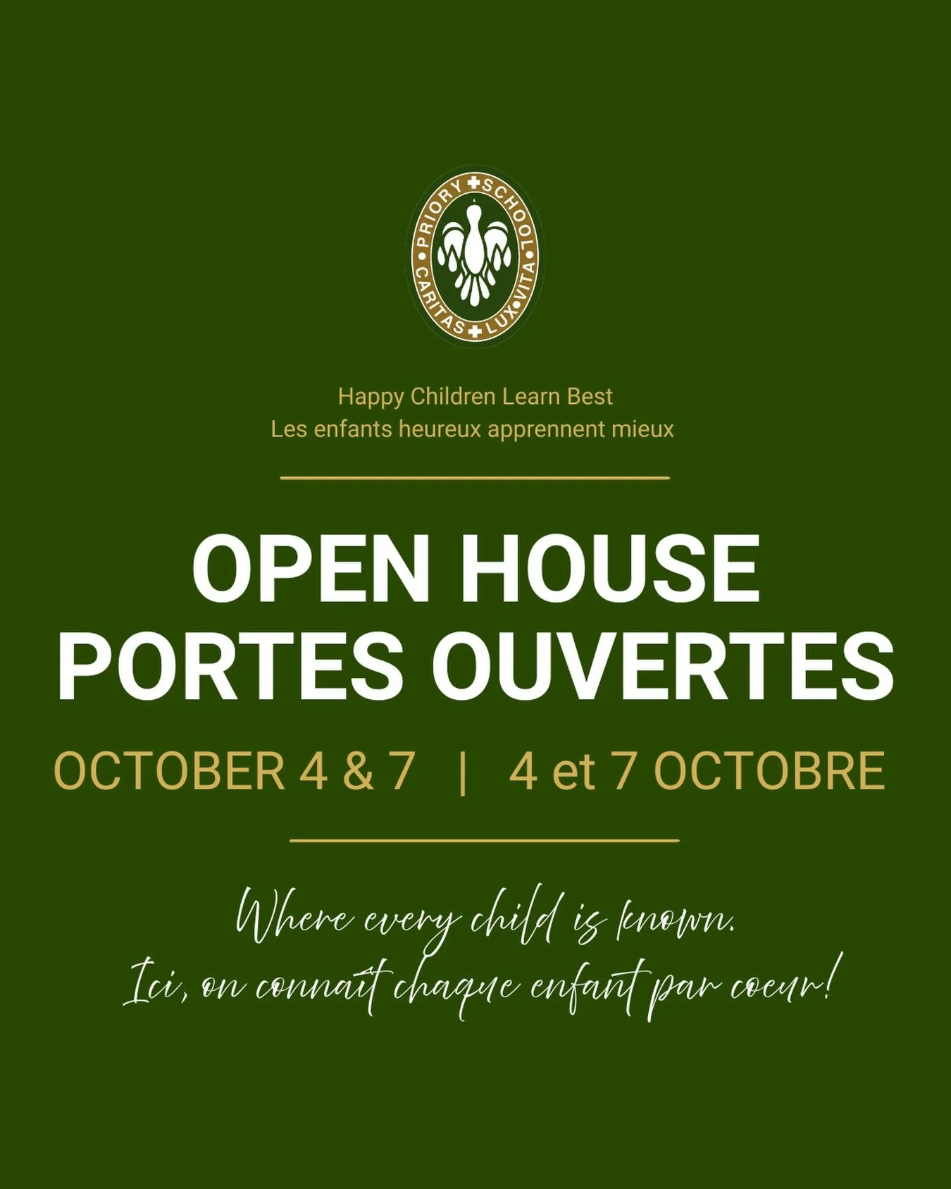 At The Priory, learning begins with truly knowing each child.

Join us for our Open House: October 4&amp;7
-Kindergarten (4 &amp; 5 year-olds)
-Optional French Mother Tongue Pathway
-No certificate of English eligibility required

Ici, on te conna&ic