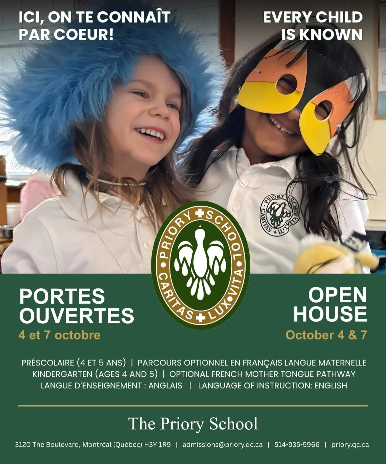 At The Priory, learning begins with truly knowing each child.
Join us for our Open House: October 4&amp;7
-Kindergarten (ages 4&amp;5)
-Optional French Mother Tongue Pathway
-No certificate of English eligibility required

D&eacute;couvrez un milieu 