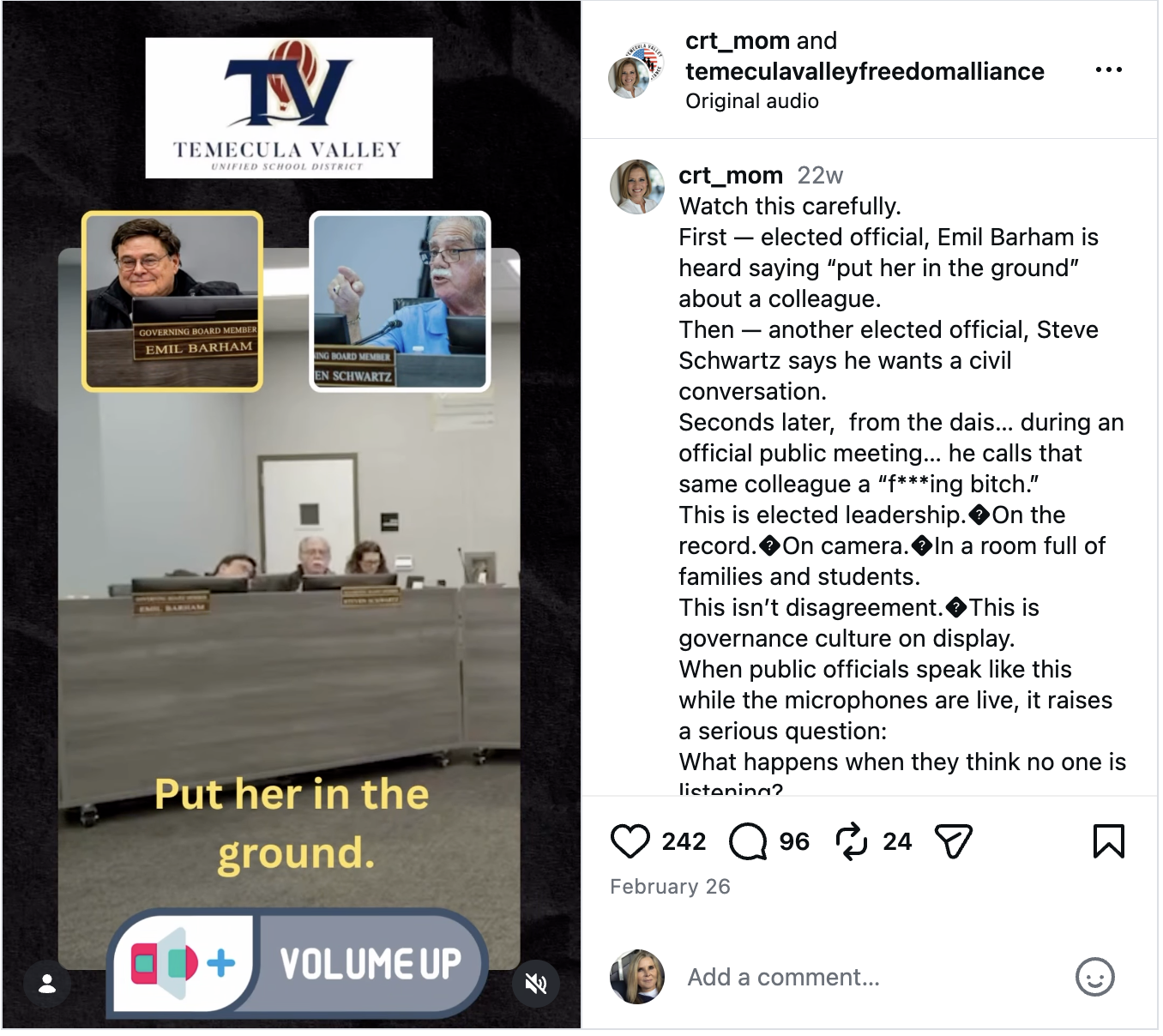 Temecula Unified Trustee calls colleague a f***ing b***h and says "Put her in the ground" at public School Board meeting