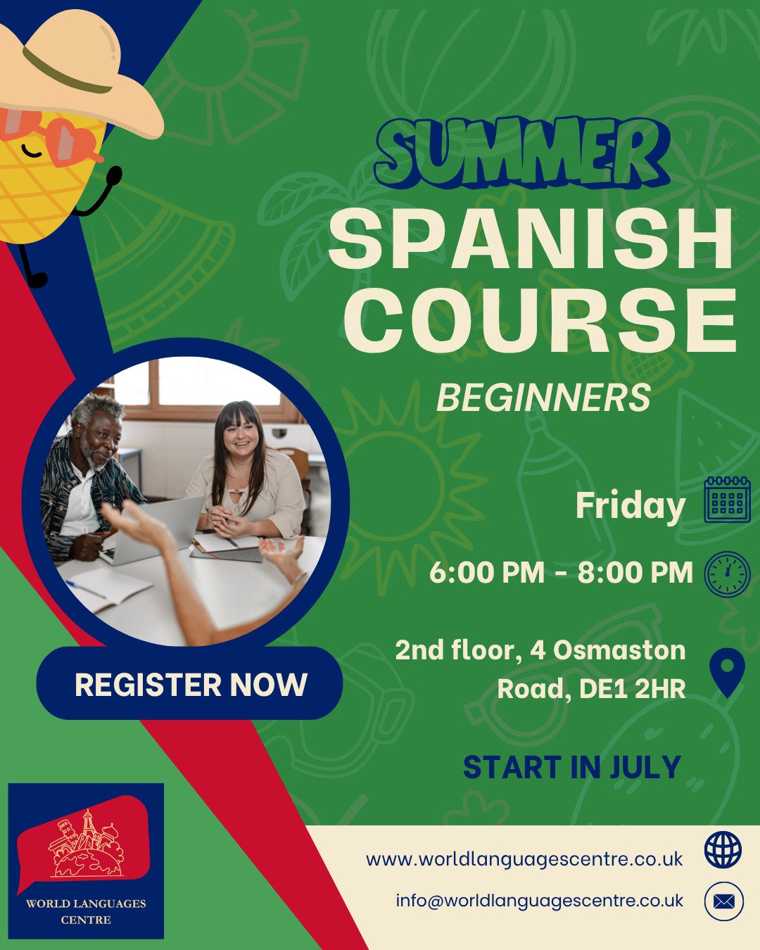 🌞 Ready to speak Spanish this summer?
Join our Beginners Spanish Course every Friday from 6–8 PM at the World Languages Centre in Derby!
🗓️ Starts in July
📍 2nd Floor, 4 Osmaston Road, DE1 2HR
Connect with others, learn practical Spanish,