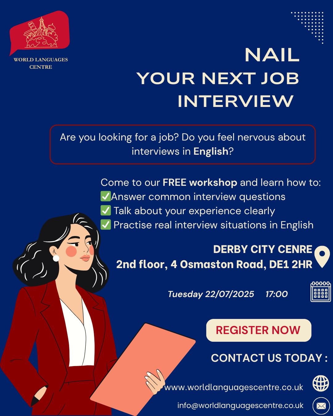 FREE Job Interview Workshop for ESOL Learners
Get ready to succeed in your next job interview!
Are you looking for work and want to feel confident speaking English?
Join our free workshop to learn how to:
✅ Answer common interview questions clearly