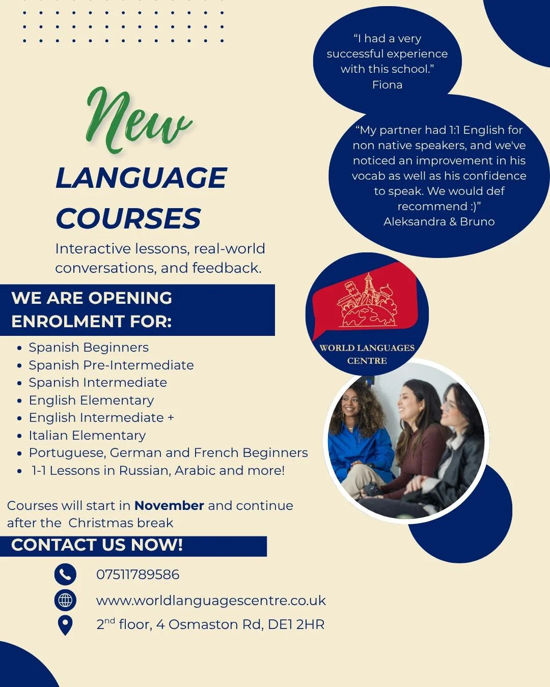 Did you know you can learn all these languages and more in person at World Languages Centre in Derby?
Come join us and learn something useful, meet people, and keep your mind active!
We are in Derby city centre, opposite Derbion.
Visit our websit