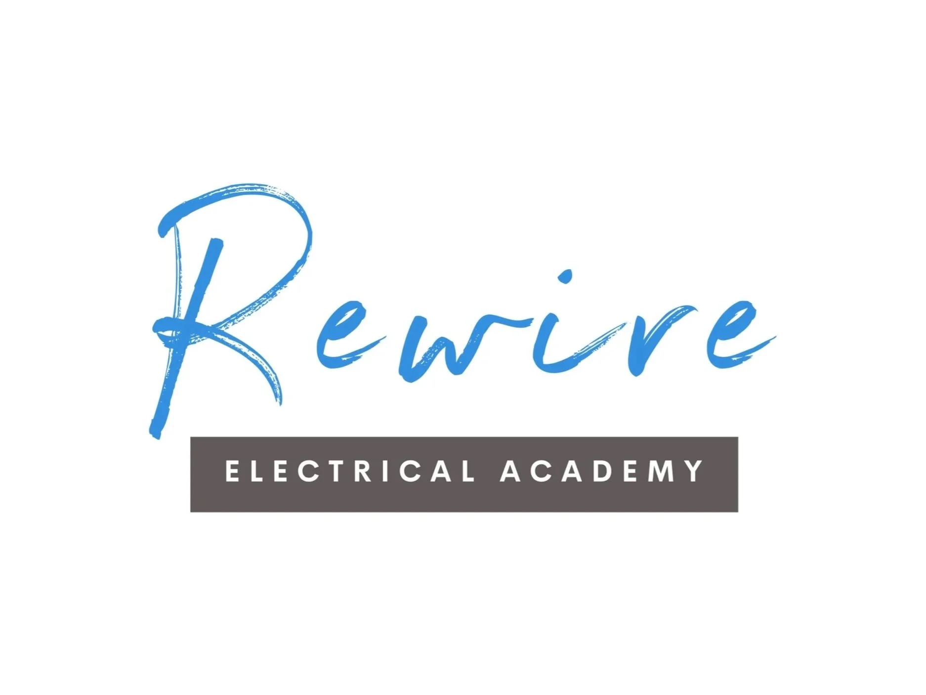 Logo for Rewire Electrical Academy with blue handwritten font and gray rectangular background with white text