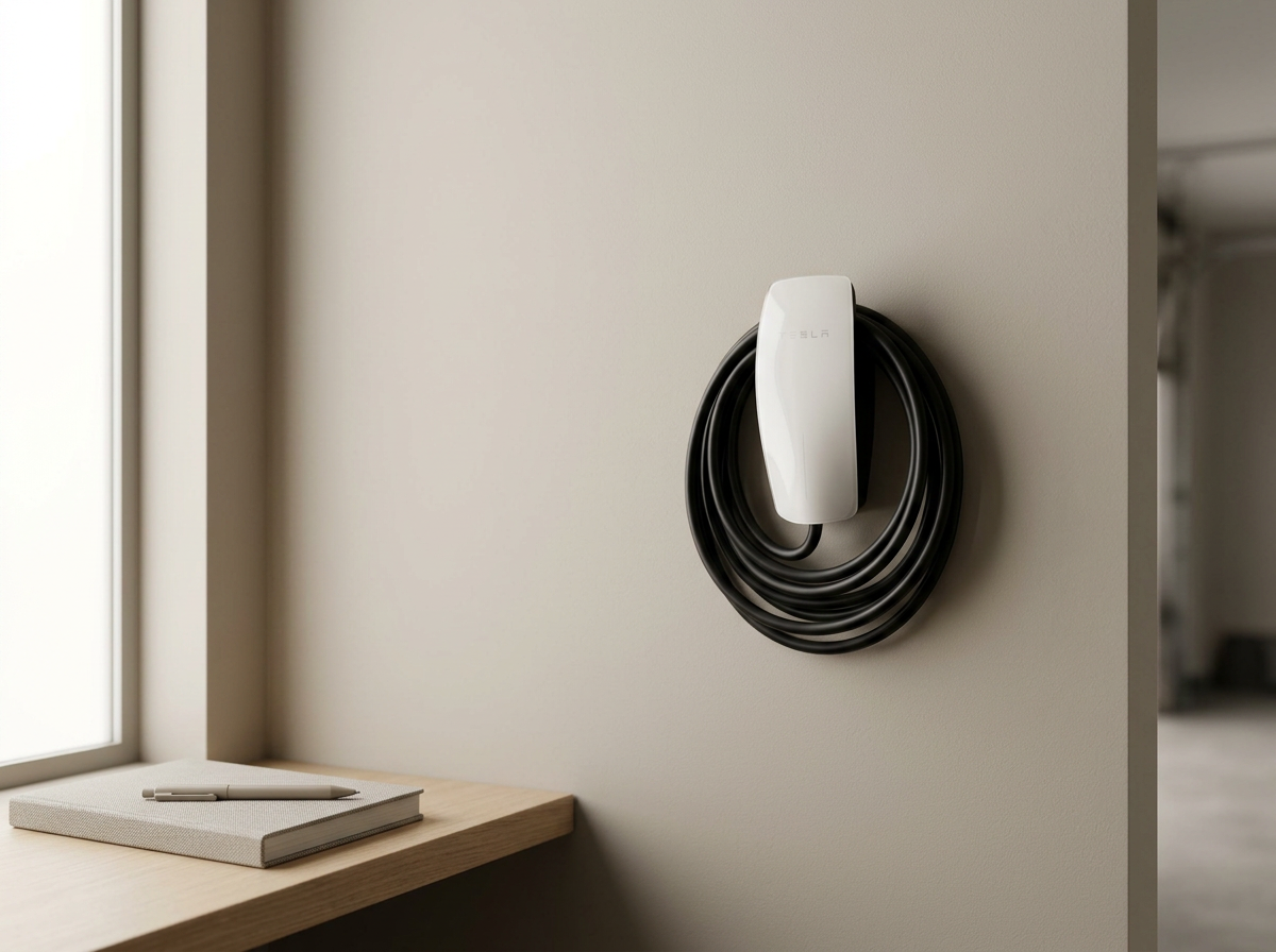 Tesla charging cable mounted on a gray wall next to a window, with a notebook and pen on the wooden desk below.