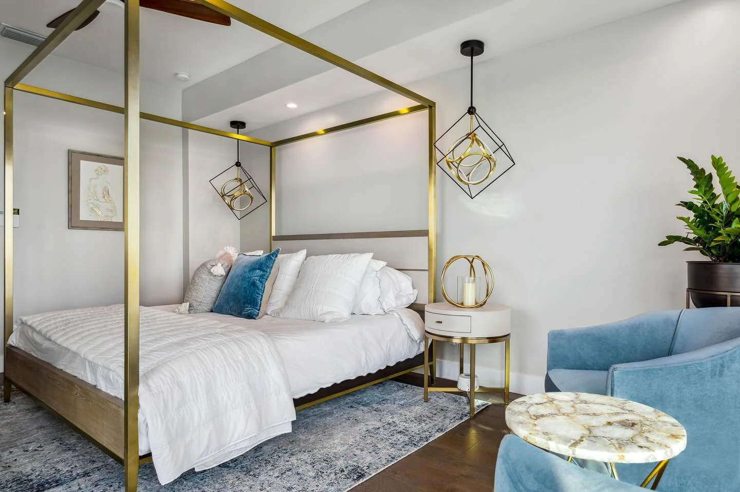 Soft, serene, and a little glam ✨ We layered in brass, velvet, and marble to elevate this calming space.