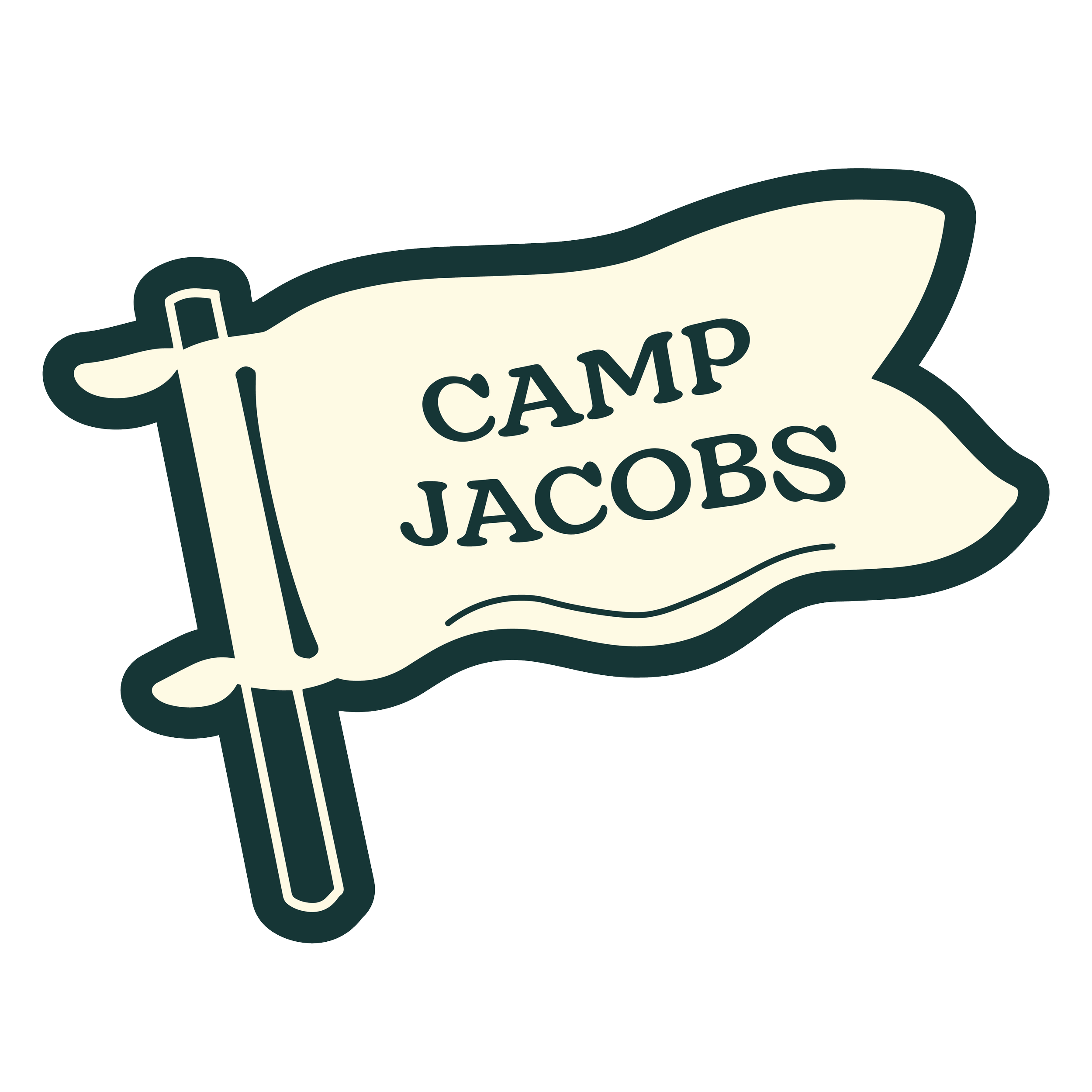 Illustration of a camping sign with a flag shape, displaying the text 'Camp Jacobs' in bold letters