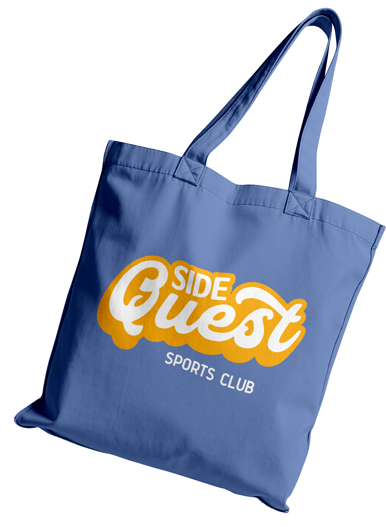 A blue tote bag with the text 'Side Quests Sports Club' in yellow and white lettering.