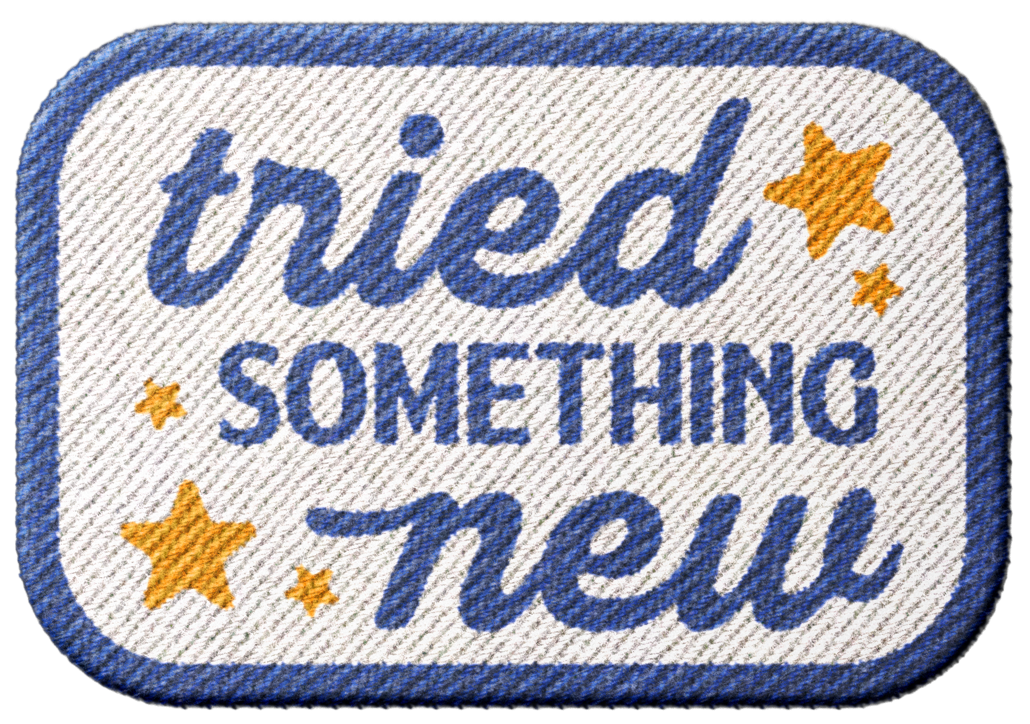 Close-up of an embroidered fabric patch with the words 'thrive' and 'something' in blue lettering, with orange stars around the text.