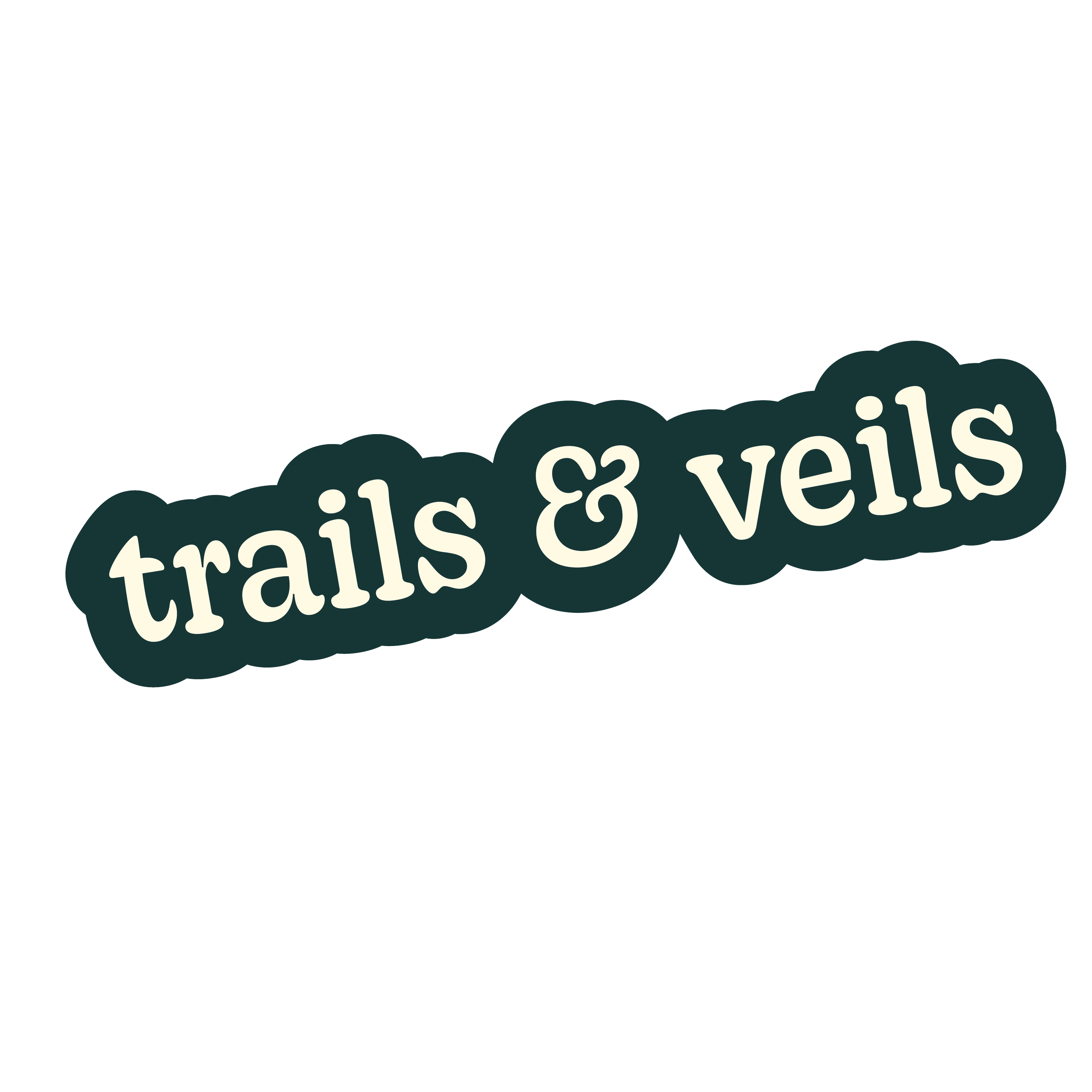 Sticker with white text that says 'trails & veils' on a dark green cloud-shaped background.