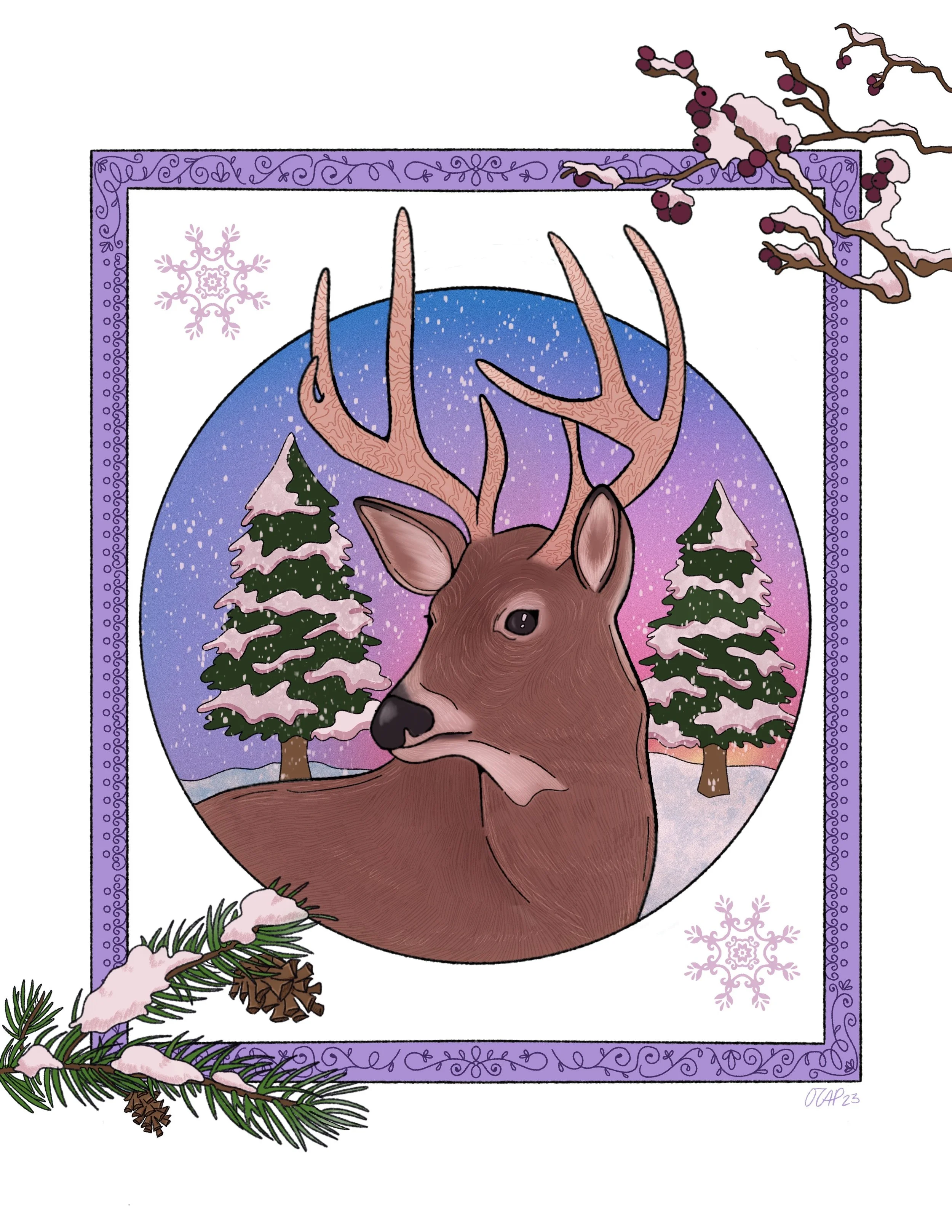 Winter Whitetail Deer Digital Illustration
