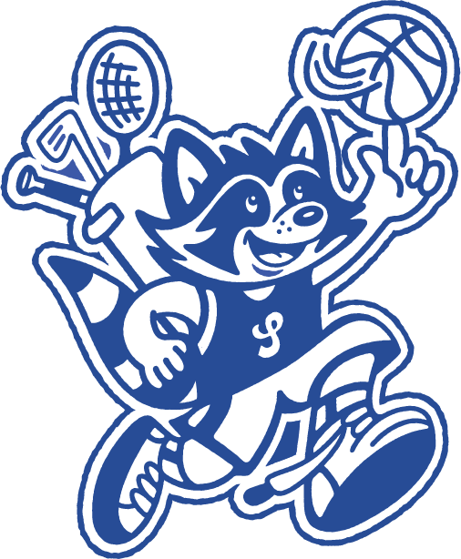 A cartoon mascot of a dog wearing a sports uniform, gripping a basketball and a tennis racket, surrounded by a volleyball, a gold medal, and a baseball glove.