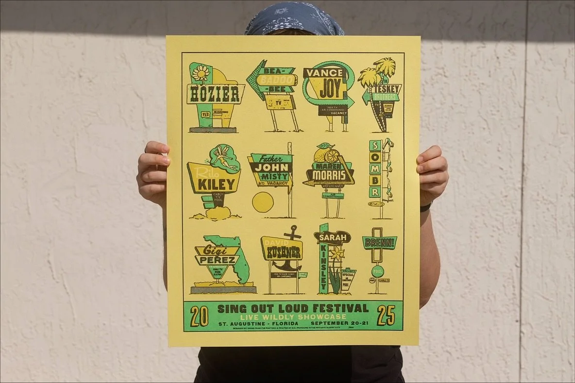 Posters are on sale this weekend at the @singoutloudfestival Live Wildly Showcase Merch Tent! We letterpress printed these 3 color posters designed by @swingfromtherafters in an edition of 400, so get one this weekend before they sell out!