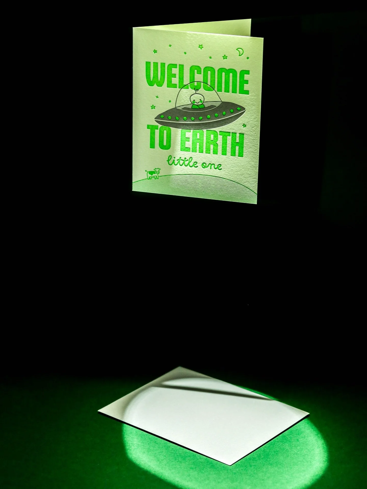*The X-Files Theme plays*

Welcome to Earth Little One Letterpress Greeting Card 🛸 

Coming in for landing is our newest baby card an a BTS of how we got the shot 👽 

Available for sale online and in stores!