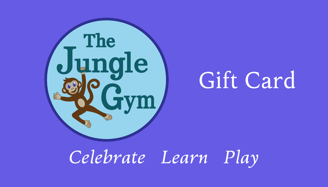 "The Jungle Gym" gift card with a playful monkey logo, featuring the text "Celebrate Learn Play" on a purple background.