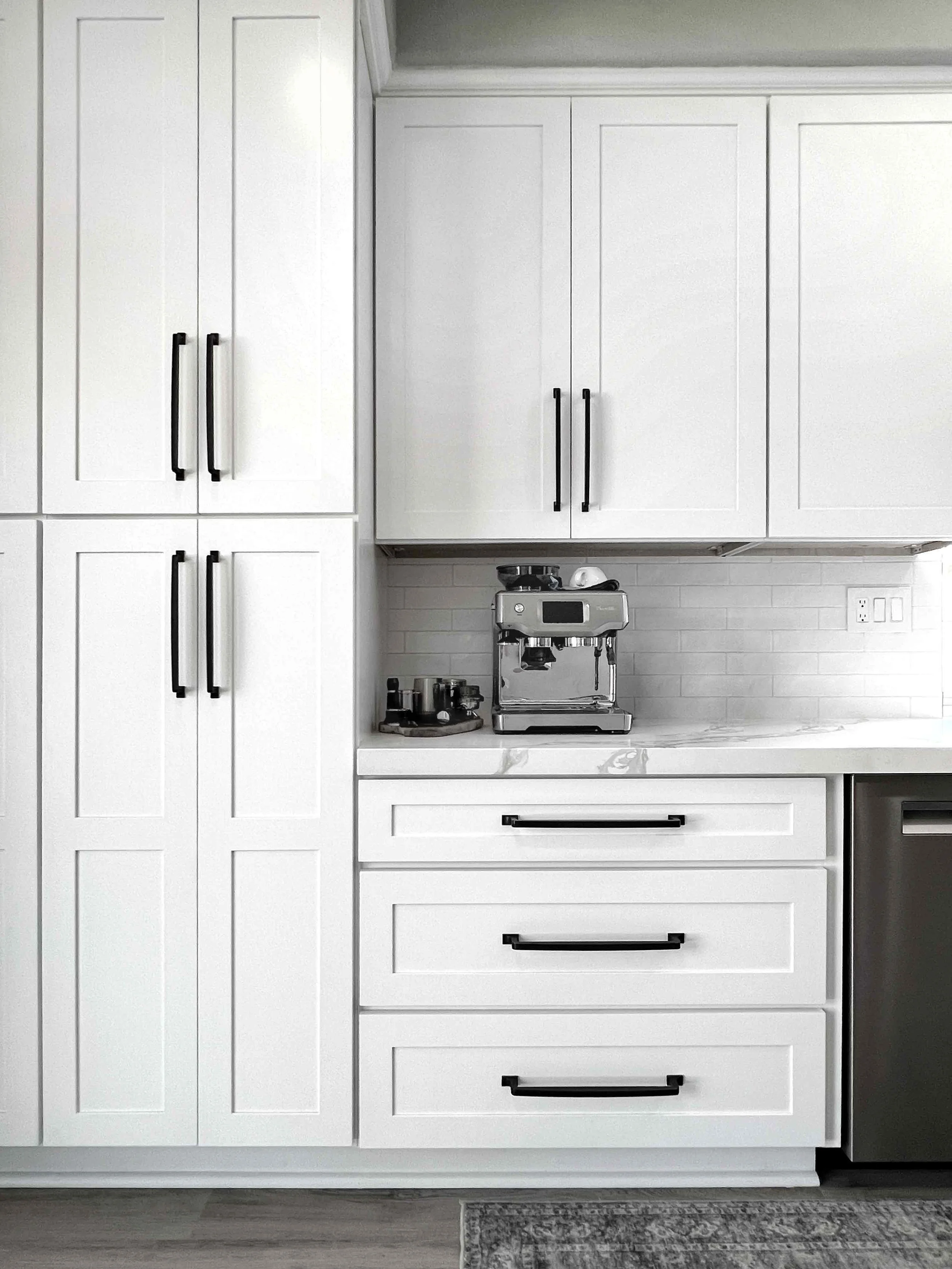 White Pantry Cabinets &amp; Coffee Station | Temecula Remodel