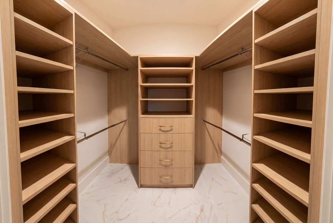 Explore a premium custom master walk-in closet renovation in Temecula, CA. JC Custom Cabinets designed this high-end layout featuring flawless stain-matching, multi-level open shelving, integrated dresser drawers, and double-tier clothes hanging rods