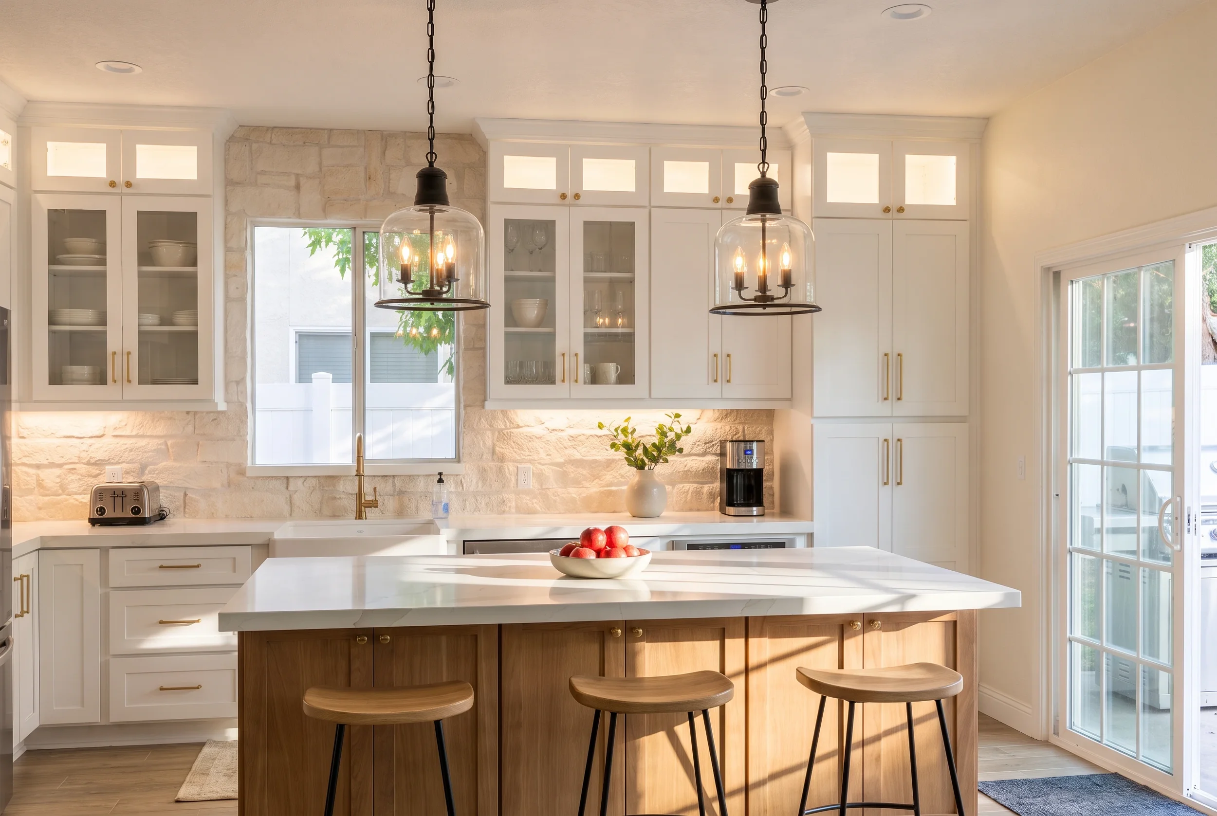 A wide-angle portfolio view of a luxury kitchen remodel by JC Custom Cabinets, showcasing a custom barley oak wood island with minimalist eat-in counter stools, white Shaker cabinetry, and matching glass cloche pendant lighting.