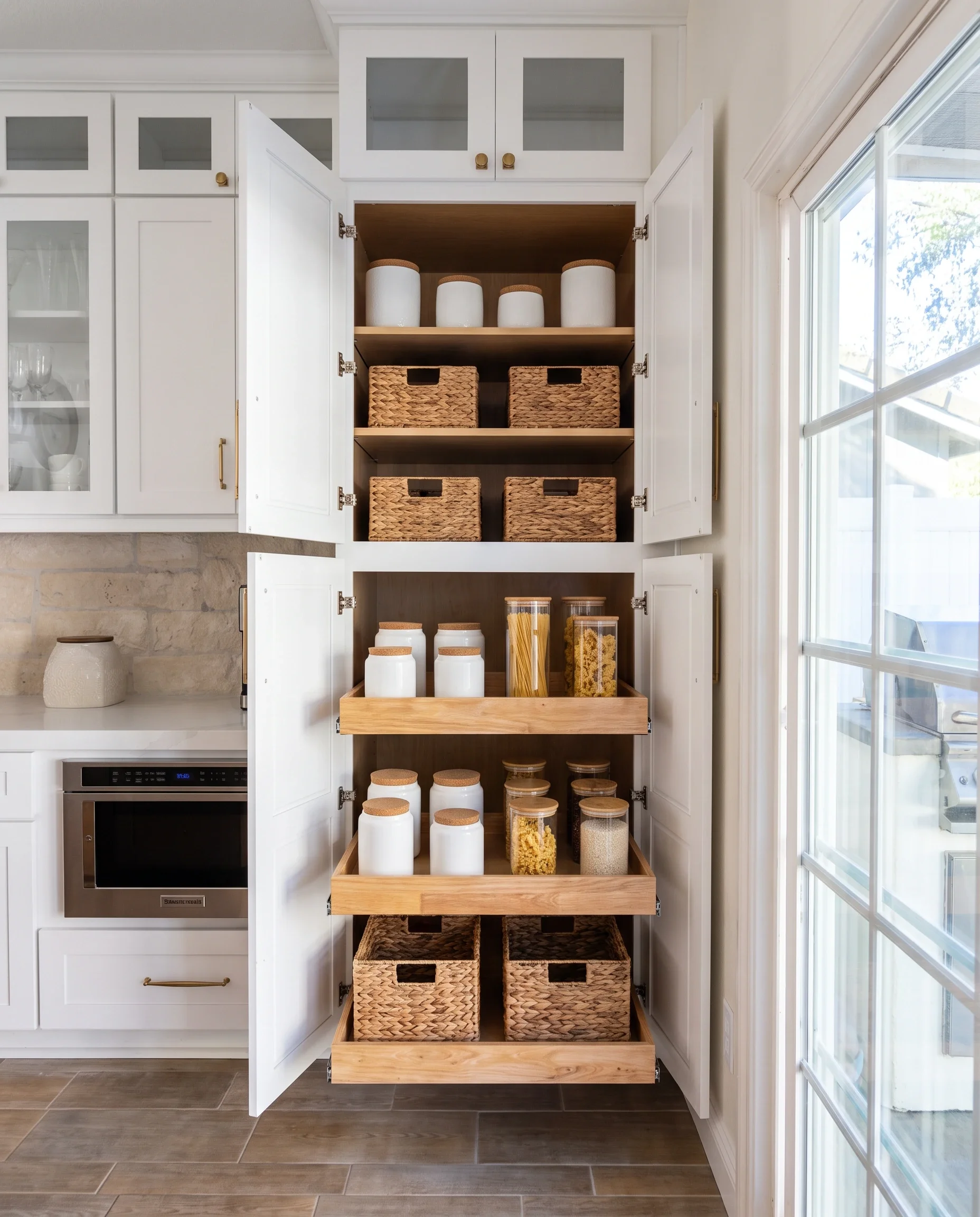 Mid-shot of an organized model home built-in pantry cabinet by JC Custom Cabinets, showing double doors open wide to reveal custom light oak wood slide-out storage drawers on heavy-duty tracks.