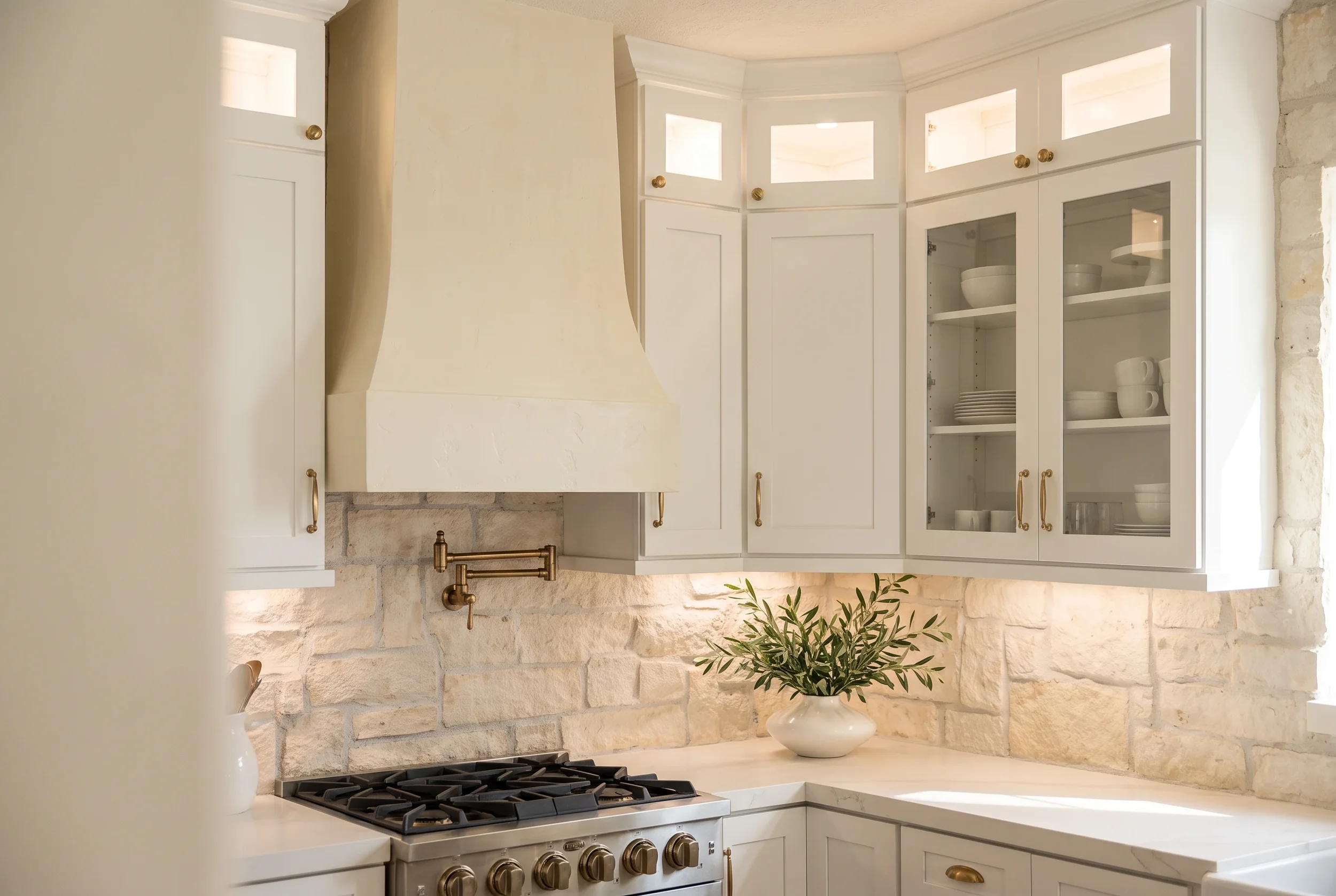 A detailed portfolio shot focusing on a custom French-style flared plaster range hood and luxury gold pot filler faucet installed over a gas range stove against a rugged cream limestone stone backsplash wall.