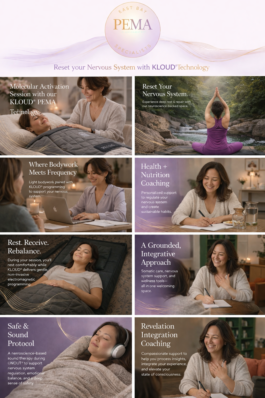 An informational graphic about East Bay PEMA specialists and KLOUD technology, highlighting services like molecular activation sessions, nervous system reset, bodywork with frequency, health and nutrition coaching, relaxation, sound therapy, and integration coaching.