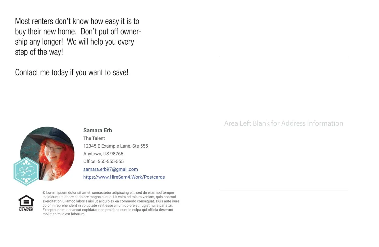 Back of Postcard: Marketing postcard with promotional message about helping renters buy homes, includes placeholder photo, address, and contact details.