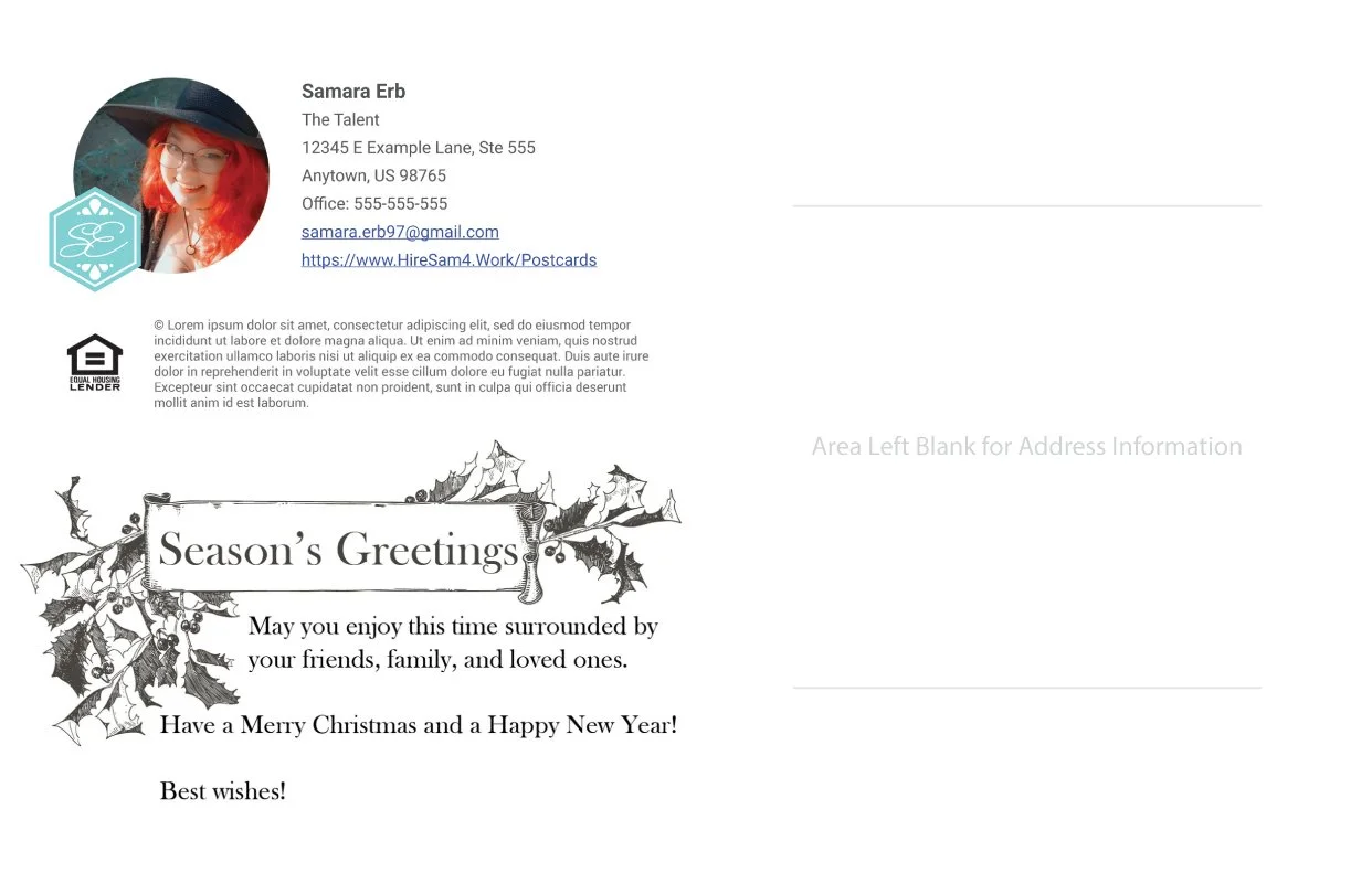 Back of Postcard: Holiday greeting card with black and white holly illustration and text wishing a Merry Christmas and a Happy New Year. Placeholder photo, address, and contact details.