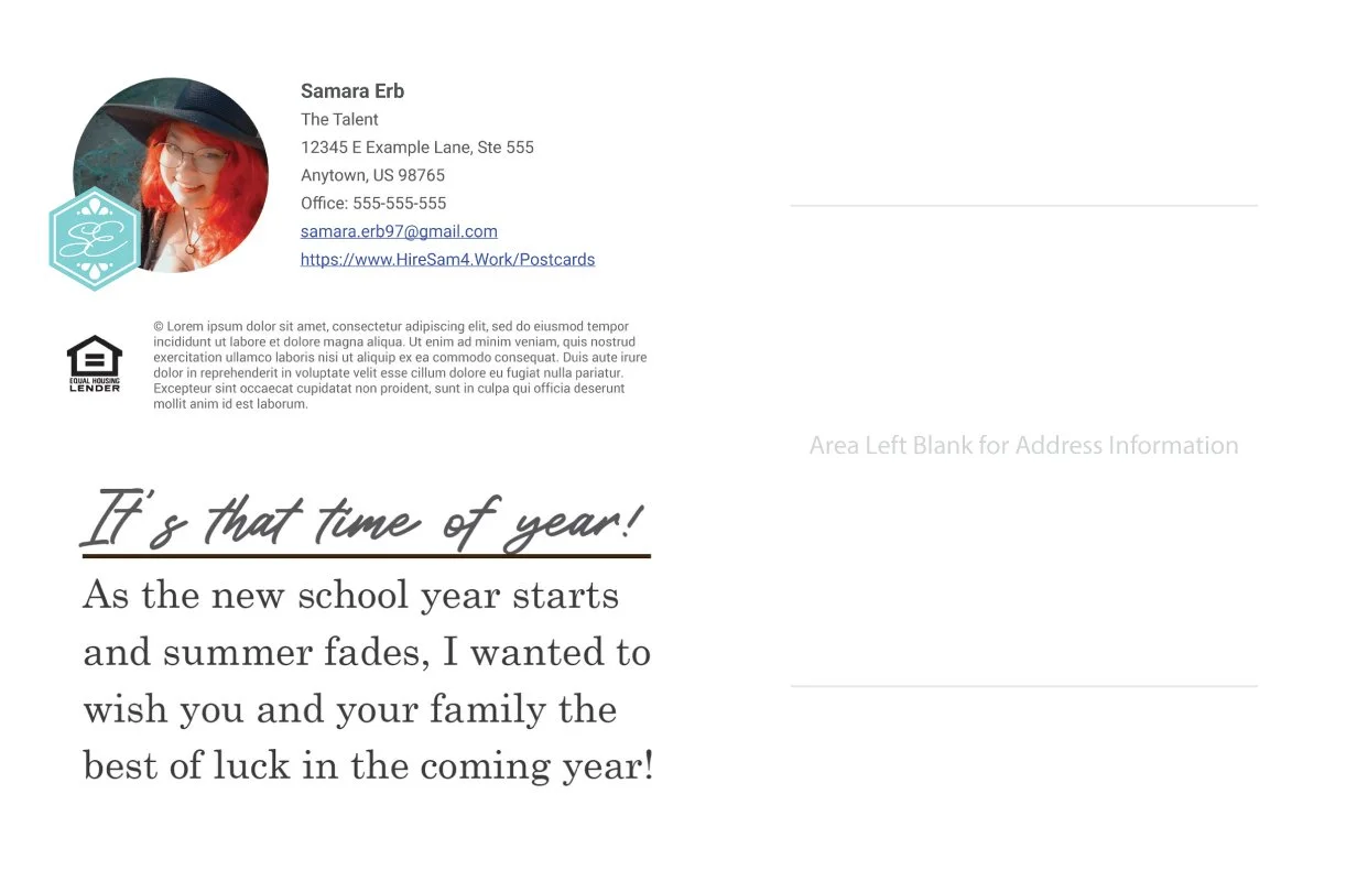Back of Postcard: A personalized back-to-school greeting card with a message celebrating the start of the new school year, wishing luck for the upcoming year. Placeholder photo, address, and contact details.