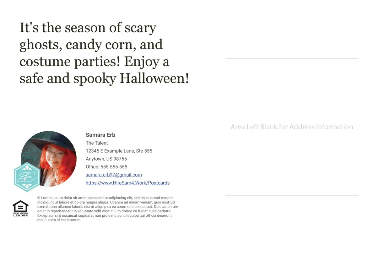 Back of Postcard: A Halloween-themed postcard featuring a message about spooky season, ghost costumes, candy corn, and costume parties, placeholder photo, address, and contact details.