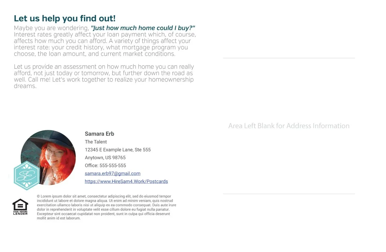 Back of Postcard: For home loan consultation featuring a headline 'Let us help you find out!', introductory text about assessing home affordability, and placeholder photo, address, and contact details.