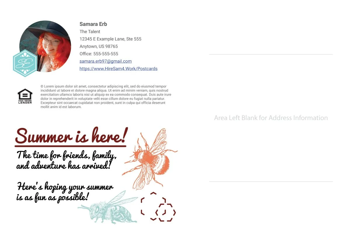 Back of Postcard: illustrations of a bee, a wasp, and honeycombs, along with cheerful handwritten and bold text, including 'Summer is here!' and a message about enjoying summer with friends and family, placeholder photo, address, and contact details.