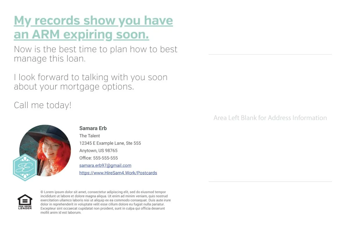 Back of Postcard: repeating that ARM expiring soon, placeholder photo, address, and contact details.