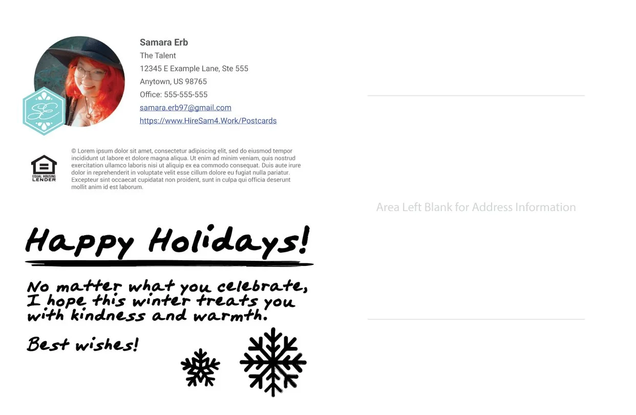 Back of Postcard: features the message, "Happy Holidays!" in bold, black handwritten-style font, accompanied by two black snowflake illustrations and a heartfelt message wishing kindness and warmth during winter. Placeholder contact info.