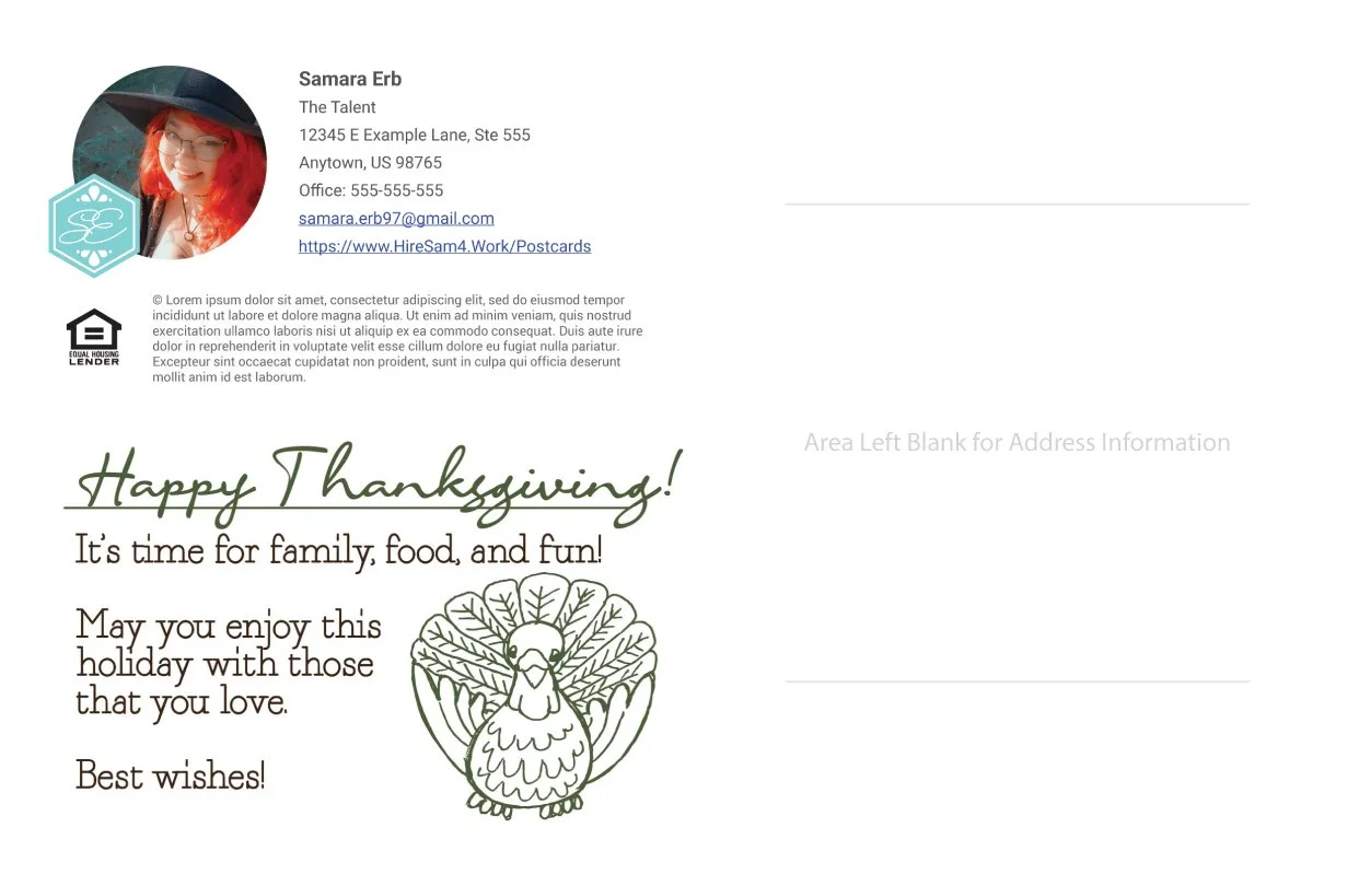 Back of Postcard:  Thanksgiving greeting, a drawing of a turkey, and placeholder photo, address, and contact details.