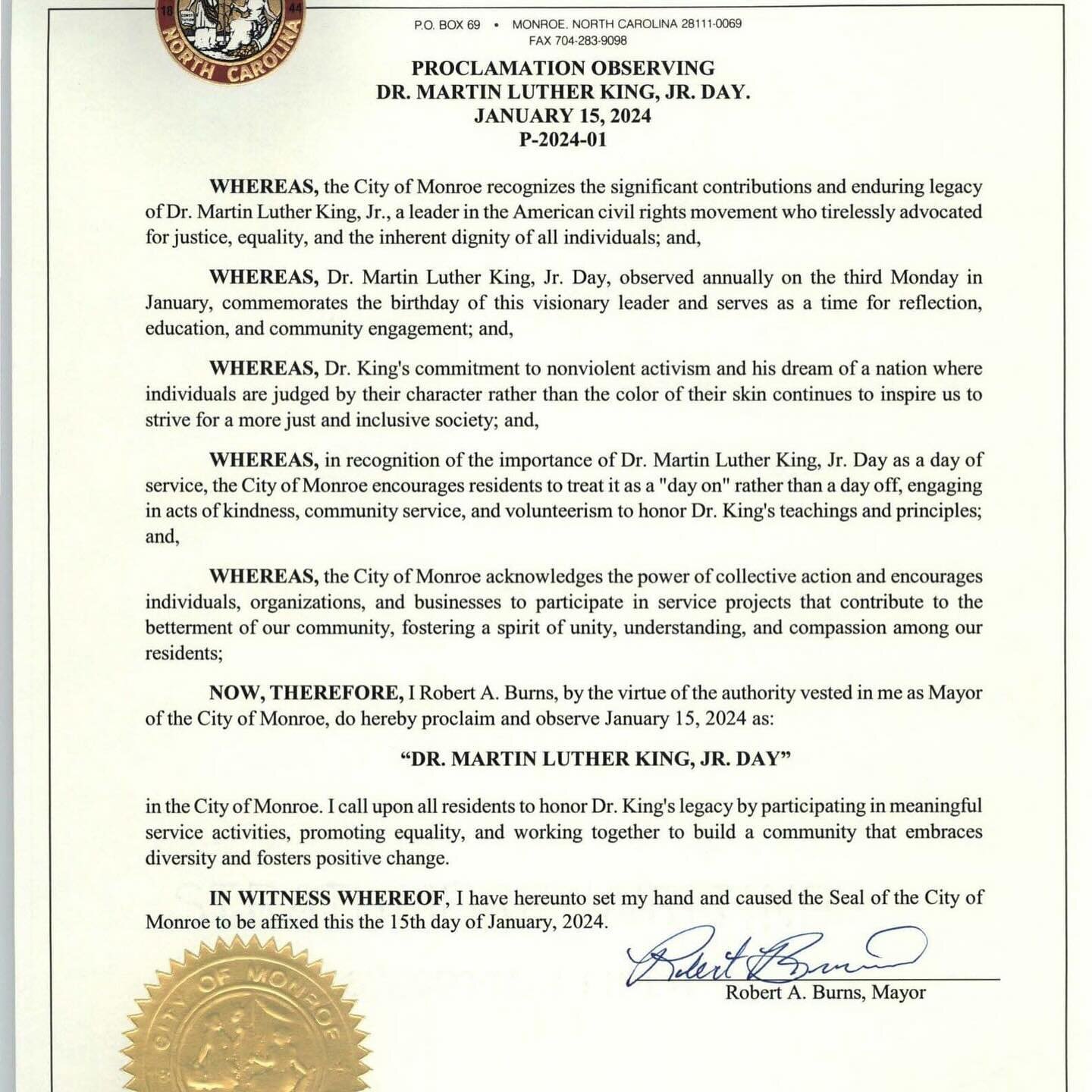 *SPECIAL PROCLAMATION* #monroenc #monroestrong #ilovemycity #DrMartinLutherKing #proclamation