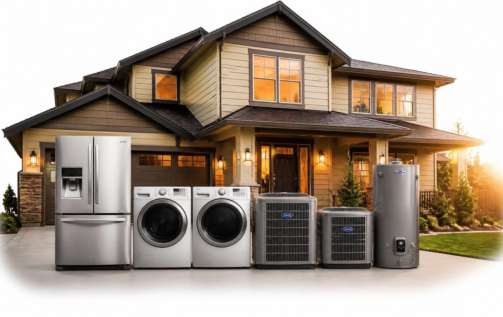 Collection of home appliances in front of a two-story house at sunset, including a refrigerator, washing machine, dryer, two air conditioning units, and a water heater.