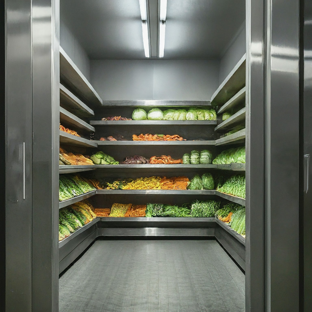 Empty vegetable cooler with shelves filled with various green vegetables, including lettuce, cucumbers, and leafy greens.