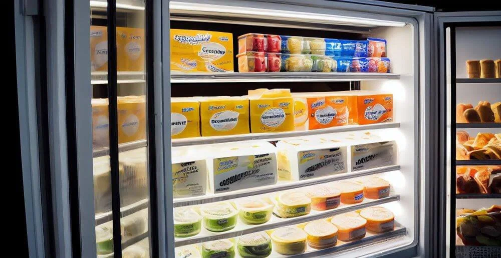 Open refrigerator with various packaged dairy products including cheese, cream, and yogurt.