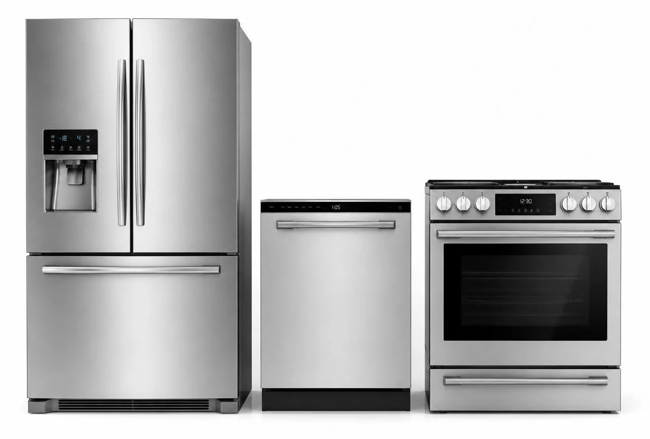 A set of three modern stainless steel kitchen appliances: a French door refrigerator, a dishwasher, and a gas oven with a stove top.
