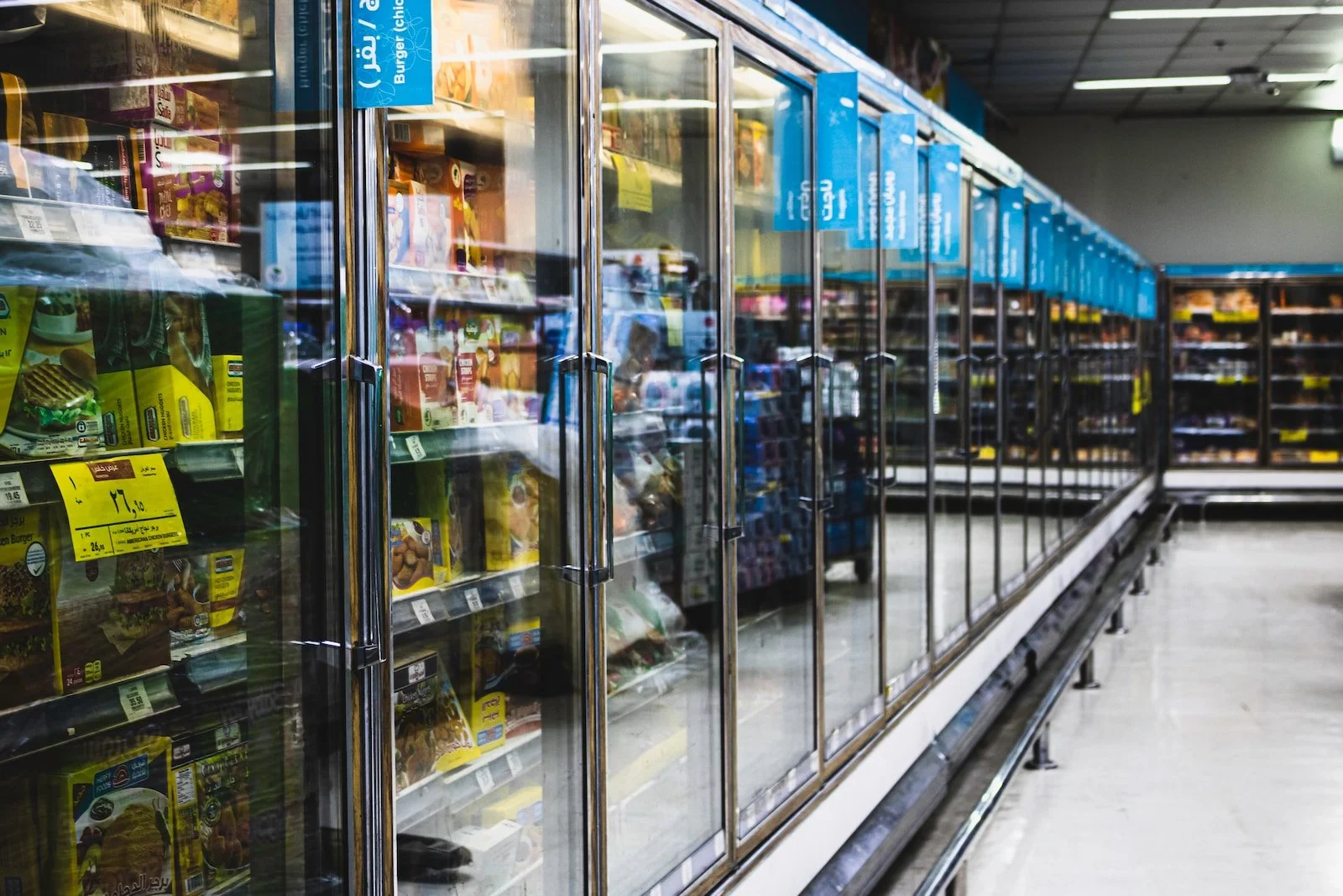 Frozen foods section in a grocery store with glass-door freezers filled with various packaged frozen products and blue sale signs hanging above.