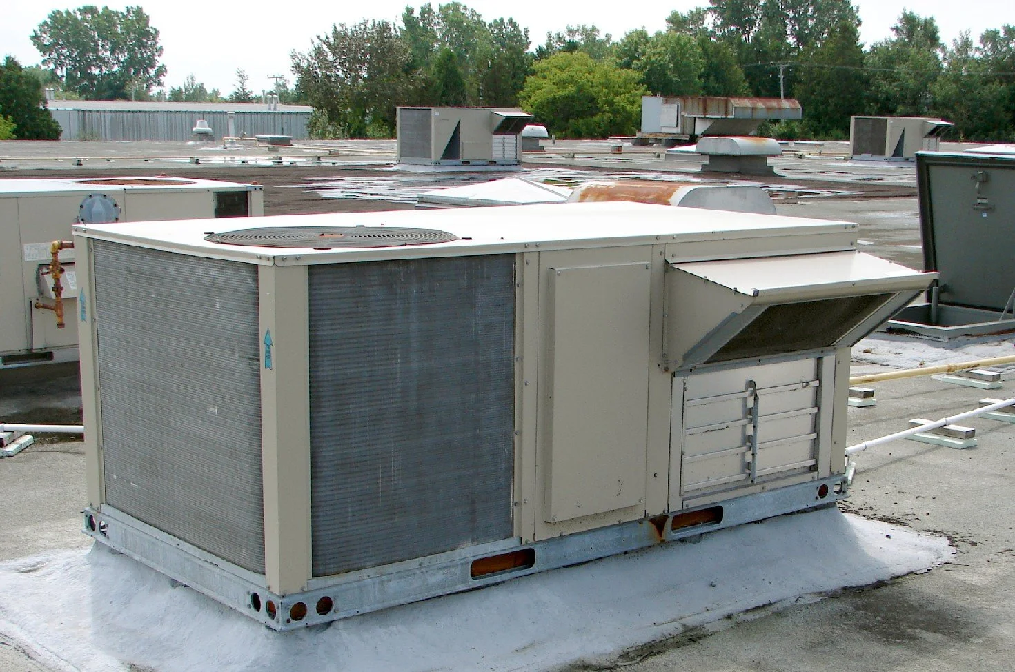 Rooftop air conditioning units on a flat rooftop with trees in the background.