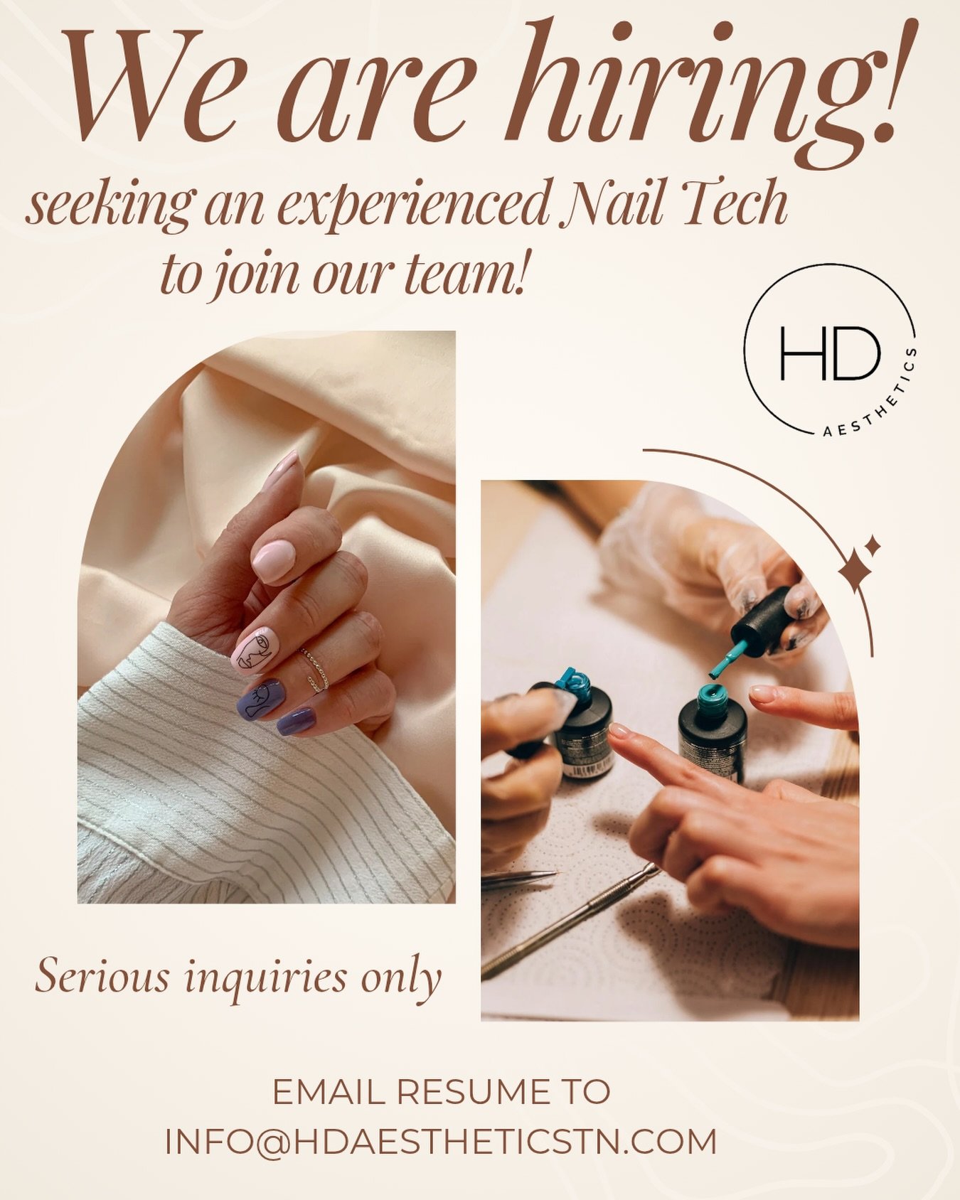 We&rsquo;re expanding our team and looking for an experienced Nail Technician to join our med spa 💅✨

This is a great opportunity for a motivated nail tech who wants flexibility and growth in an elevated, supportive environment.

Why you&rsquo;ll lo