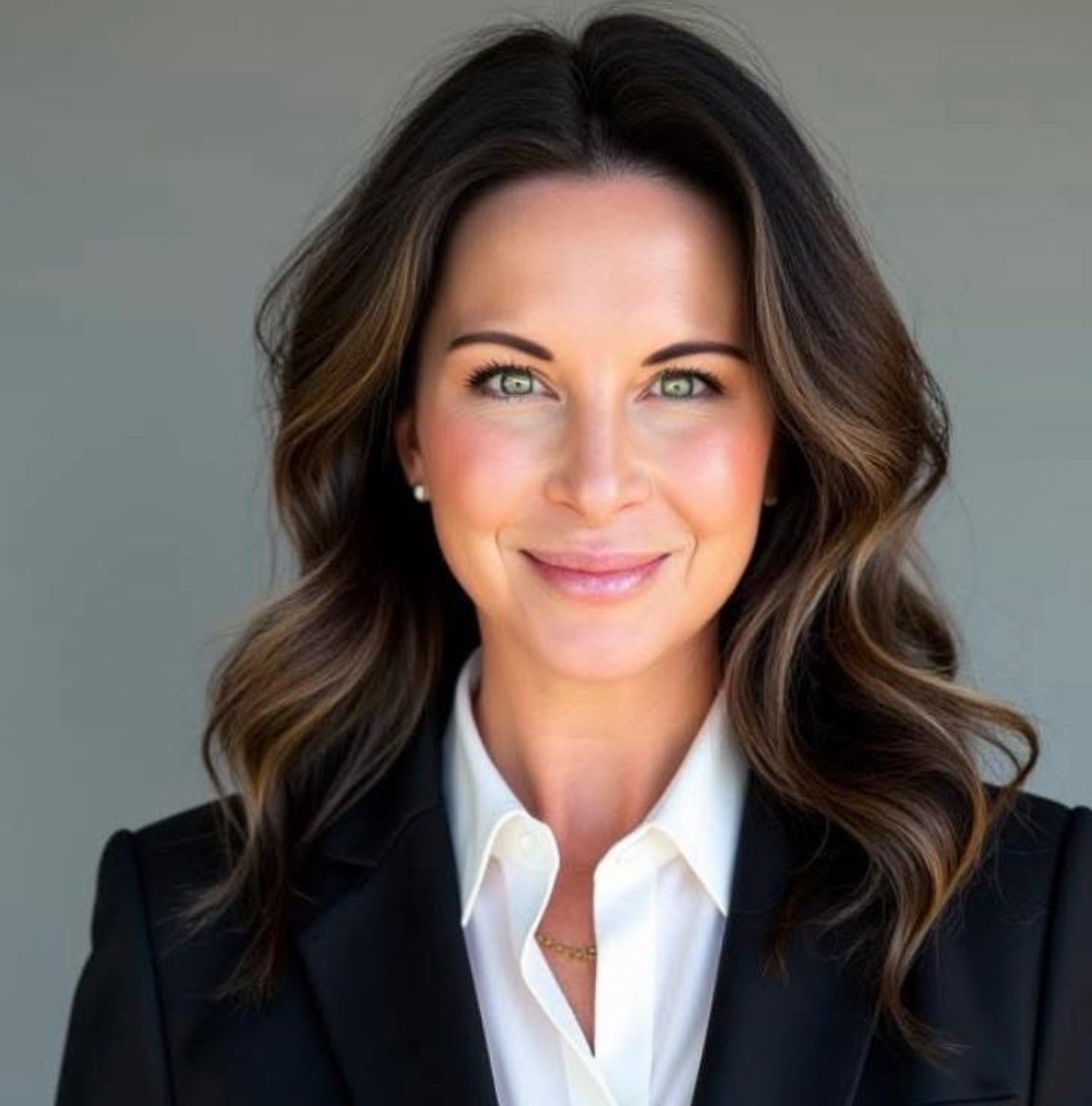Professional woman with shoulder-length wavy brown hair, wearing a black blazer and a white shirt, smiling at the camera against a plain background.
