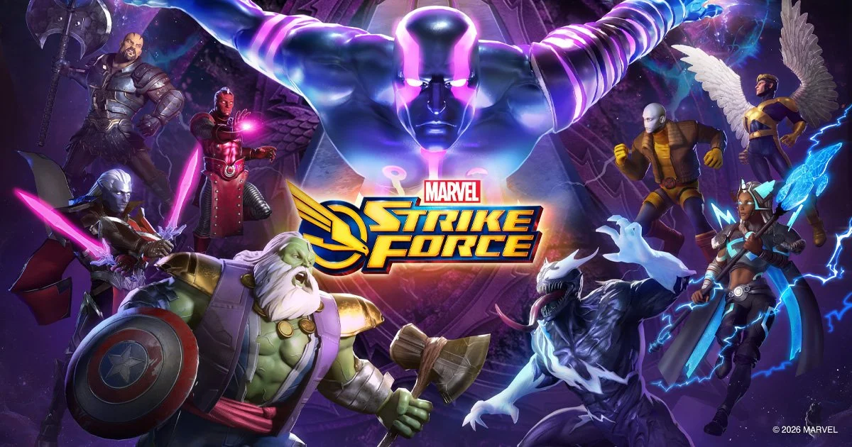 A group of Marvel characters from 'Strike Force' in a cosmic setting, including a large purple villain at the top, a muscular green hero with a shield, a winged hero with an electric spear, an armored hero wielding a pink lightsaber, a Monster-like creature, a talking raccoon with a hammer, and a majestic character with angelic wings.