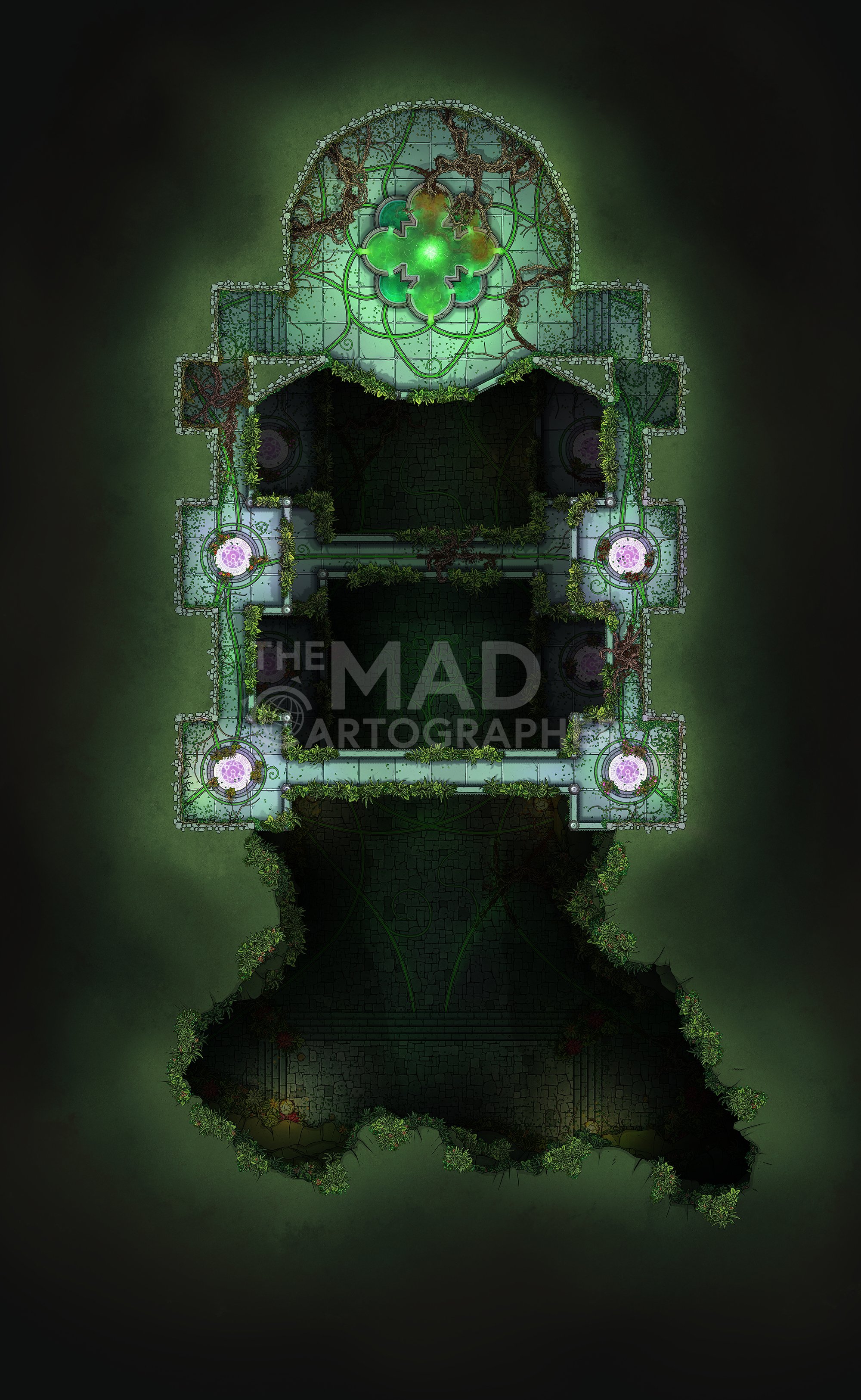 SHRINE OF THE GREEN | 24x39 | This massive multi-level shrine stretches up through the heights of a lush and overgrown ravine, ending in a sacred fountain at the pinnacle. [🏨 Multi-floor Map]