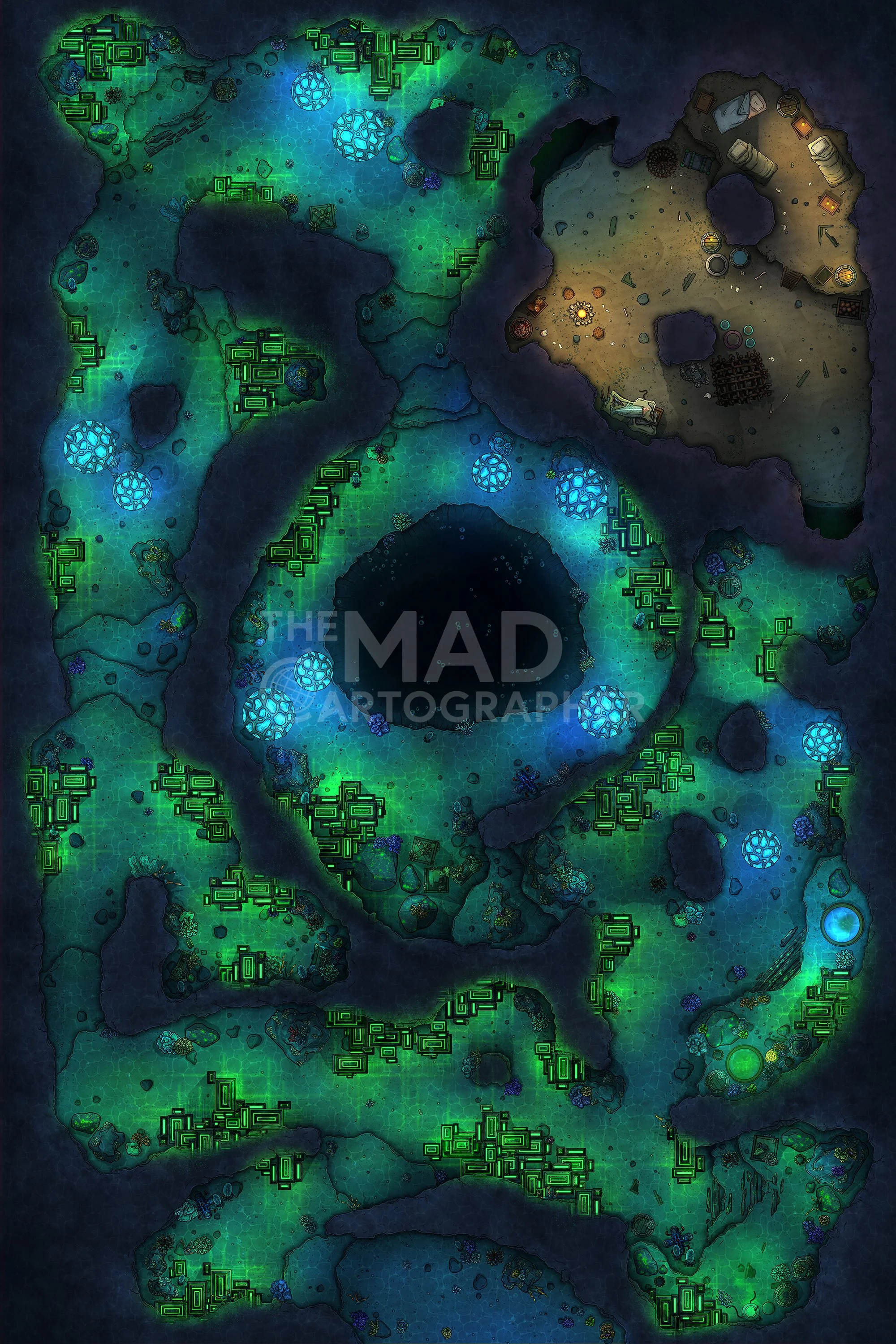 DEEP ONE LAIR | 20x30 | An eldritch abomination writhes in the abyss beneath this crystal-filled cave network. Their faithful thralls lurk nearby.