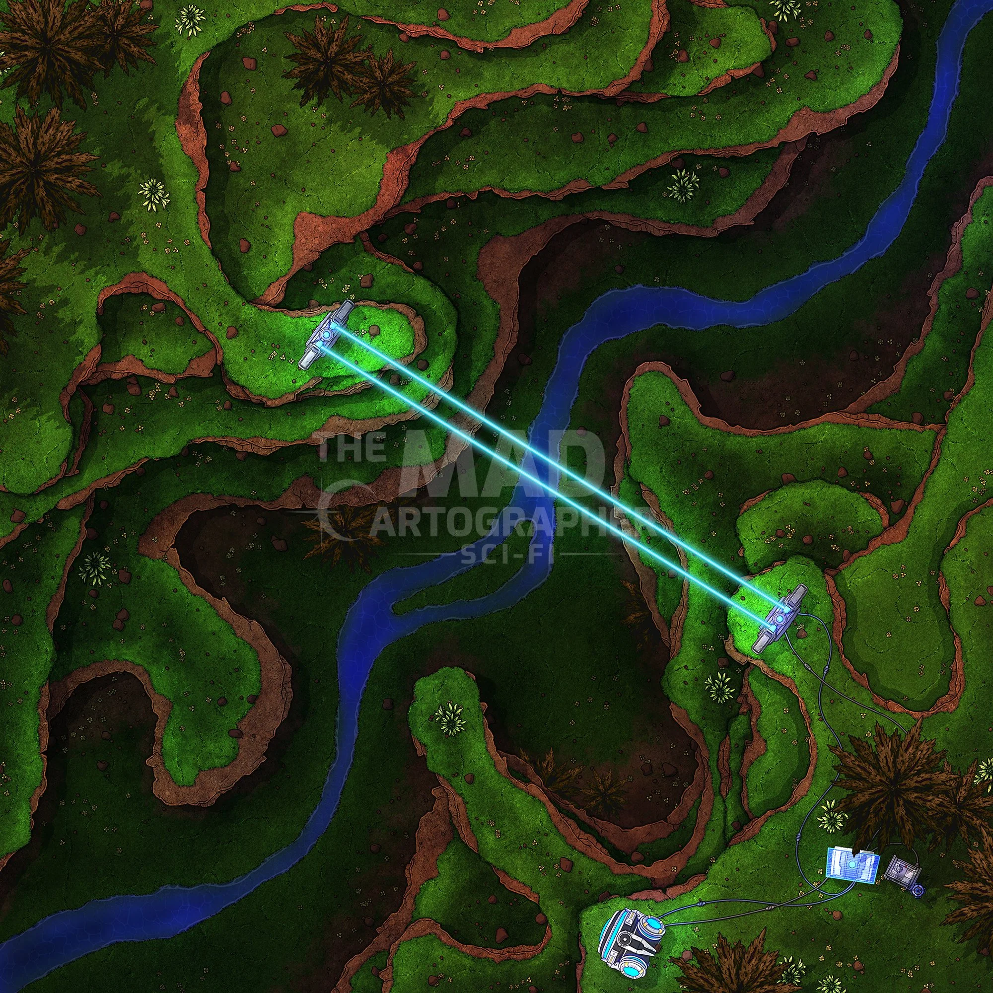 RAVINE | 15x15 | A laser zip wire allows science teams to quickly traverse the deep ravines in this highlands. [🪑 Asset Variants]