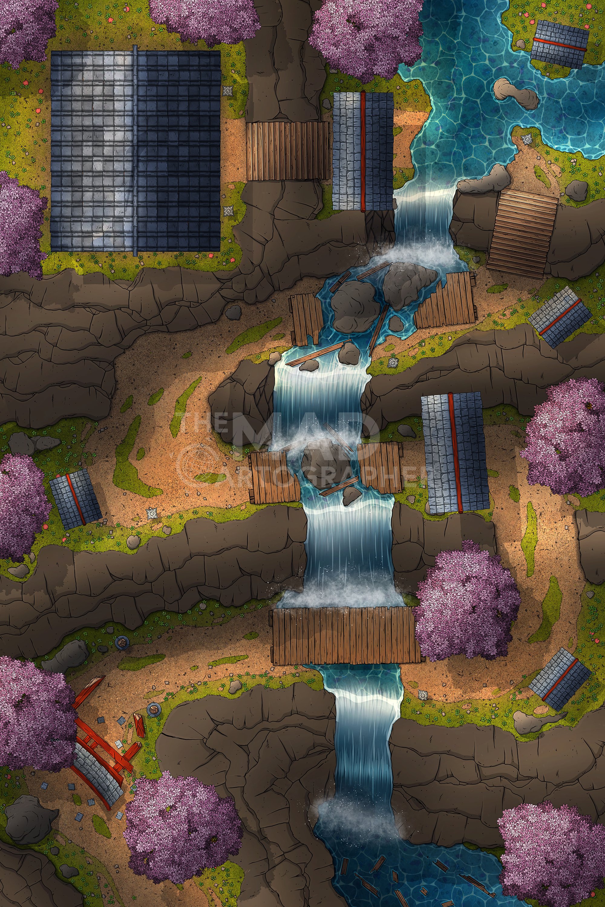 MOUNTAIN SHRINE | 20x30 | A switchback pass leading up a cherry blossom mountainside, ending in a shrine. [🌓 Night & Day Variants]